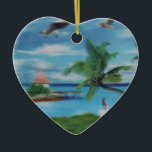 Tropical Beach Scene Art Print Keramikornament<br><div class="desc">Tropical Beach Scene Art Print Escape zum Paradies mit unserer Tropical Beach Scene Art Print. Dieses idyllische Küstenkunstwerk vereint wunderbar das Wesen eines tropischen Strandes mit seinen schwebenden Palmen, einer hübschen Strohhütte und einer landschaftlichen Anlegestelle. Eine Frau in einem fließenden weißen Kleid spaziert entlang des Ufers, umgeben von üppiger Vegetation,...</div>