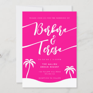 Tropical Beach Script Hot Pink Lesbian Hochzeit Einladung