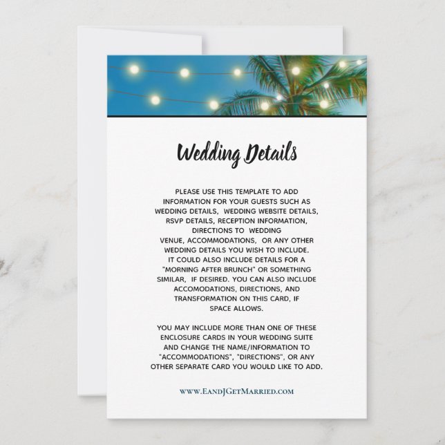 Tropical Beach Script Palm Lights Hochzeiten Detai Einladung (Vorderseite)