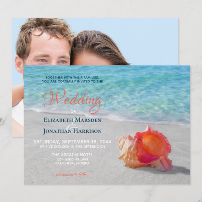 Tropical Beach Seashell Modernes Foto Hochzeit Einladung (Vorne/Hinten)