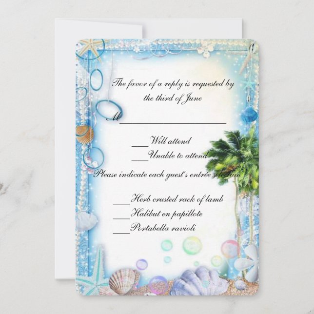 Tropical Beach Seashell Wedding Response Card Einladung (Vorderseite)