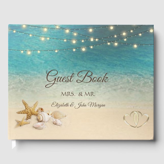 Tropical Beach Seashells Hearts Wedding Gästebuch (Vorderseite)