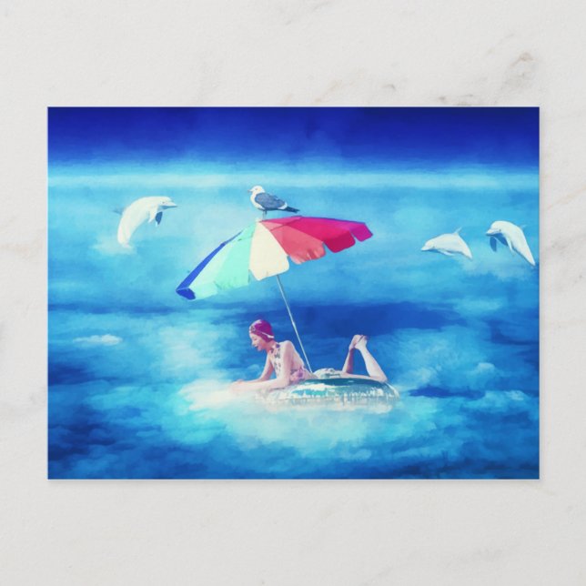 Tropical Beach Summer Girl Vacation Wasserfarbe Ankündigungspostkarte (Vorderseite)