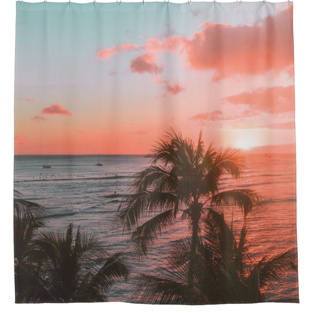 Tropical Beach Sunset Foto Palmen am Meer Duschvorhang (Vorderseite)
