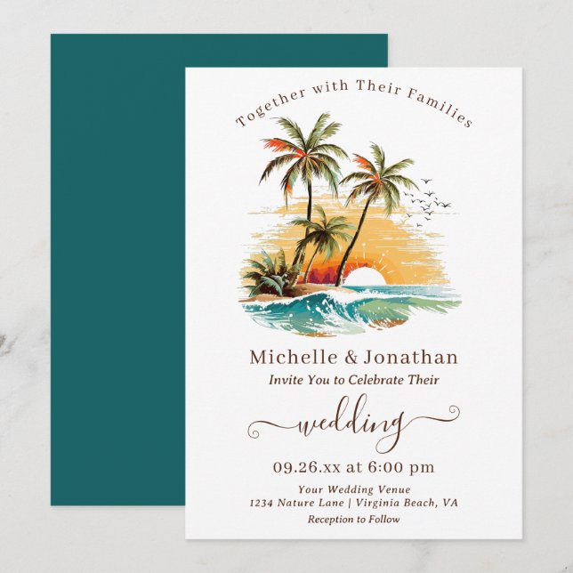 Tropical Beach Sunset Hochzeit in Urlaubsort Einladung (Vorne/Hinten)