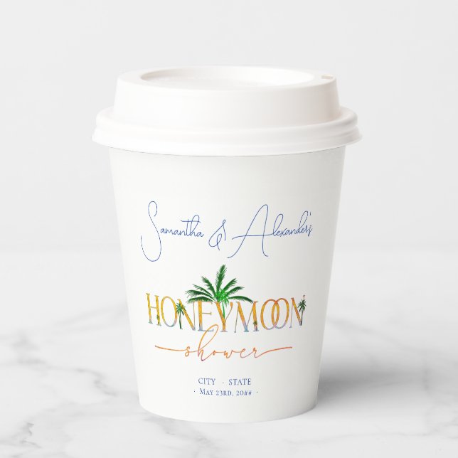 Tropical Beach Sunset Honeymoon Fund Dusche Pappbecher (Vorderseite)