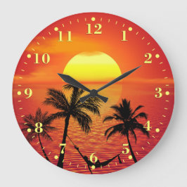 Tropical Beach Sunset Ocean Palm Trees | Große Wanduhr