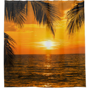 Tropical Beach Sunset Palm Illustration Duschvorhang