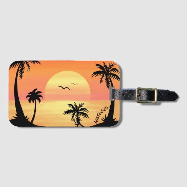 Tropical Beach Sunset Palm Tree Silhouette Art Gepäckanhänger (Vorderseite (Horizontal))