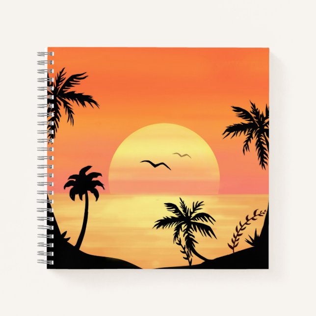 Tropical Beach Sunset Palm Tree Silhouette Art Notizbuch (Vorderseite)