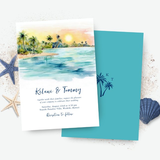 Tropical Beach Sunset & Palm Tree Wedding Einladung (Von Creator hochgeladen)