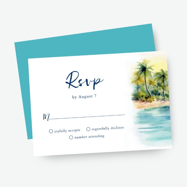 Tropical Beach Sunset & Palm Tree Wedding RSVP Karte (Von Creator hochgeladen)