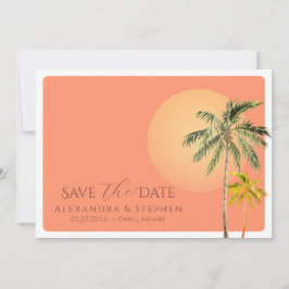 Tropical Beach Sunset & Palmen Minimale Hochzeit Save The Date