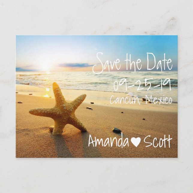 Tropical Beach Sunset Starfish Save the Date Ankündigungspostkarte (Vorderseite)