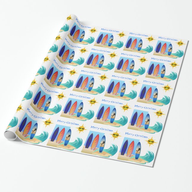 Tropical Beach Surfboard Ozean Frohe Weihnachten Geschenkpapier (Ungerollt)