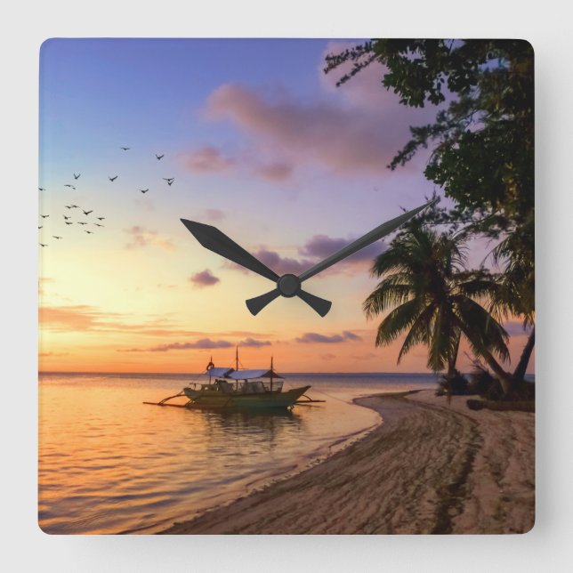 Tropical Beach Tahiti Island Sunset Quadratische Wanduhr (Vorderseite)