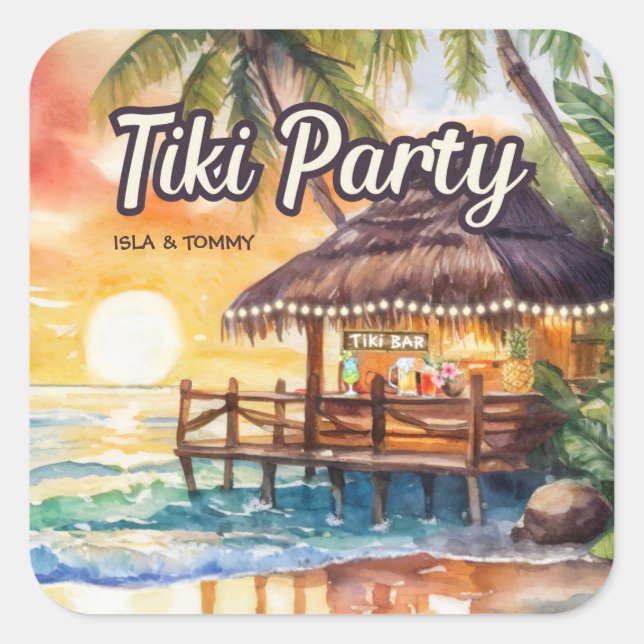 Tropical Beach Tiki Party Polterabend Quadratischer Aufkleber (Vorderseite)