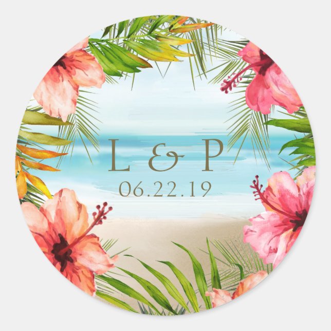 Tropical Beach Twilight | Hibiskus Floral Wedding Runder Aufkleber (Vorderseite)