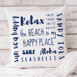 Tropical Beach Typografy Coastal Kissen<br><div class="desc">Mit diesem großen Baumwollkissen, das Strandthematik in nautisch-marineblau zeigt, fügt man etwas Küstenstil hinzu. Zu den Auftritten zählen "Der Strand ist mein glücklicher Ort", "Palmen salzige Brise", "Sandzehen", "Sonne, Meer, glücklich", "surfen", "aloha", "entspannen" und "aloha".</div>