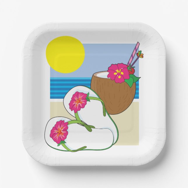 Tropical Beach Vacation Coconut Flowers Flip Flops Pappteller (Vorderseite)