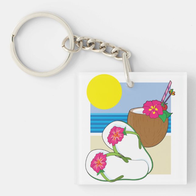 Tropical Beach Vacation Coconut Flowers Flip Flops Schlüsselanhänger (Vorderseite)