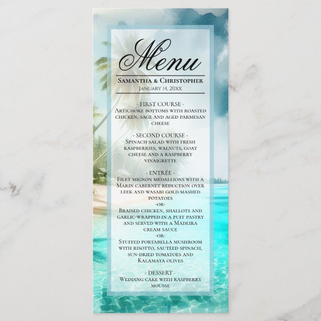 Tropical Beach Watercolor Elegant Coastal Wedding Menükarte (Vorderseite)
