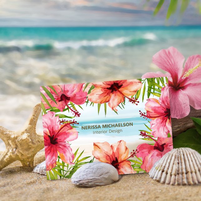 Tropical Beach Watercolor Hibiskus Blume & Palm Visitenkarte (Von Creator hochgeladen)