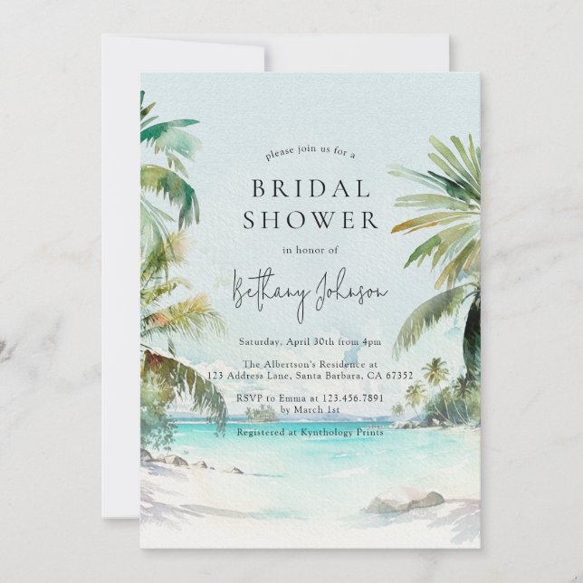 Tropical Beach Watercolor Palm Tree Brautparty Einladung (Vorderseite)