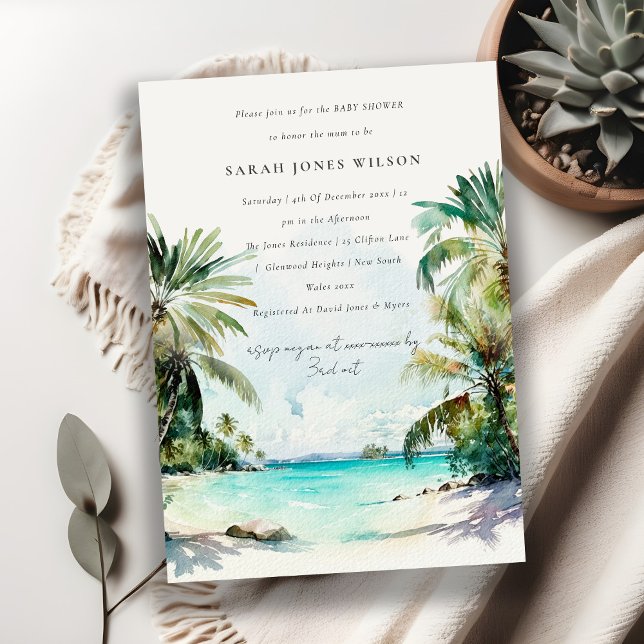 Tropical Beach Watercolor Palm Trees Baby Dusche Einladung (Von Creator hochgeladen)