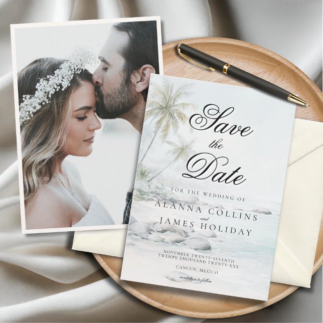 Tropical Beach Watercolor Photo Save the Date  Einladung (Beach-themed “Save the Date” card for Alanna Collins and James Holiday beside a wedding photo.)