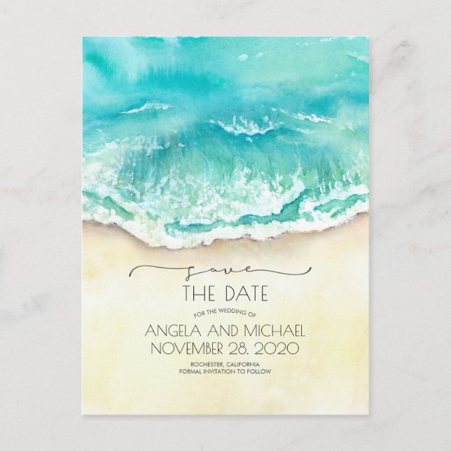 Tropical Beach Watercolor Save the Date Ankündigungspostkarte (Vorderseite)