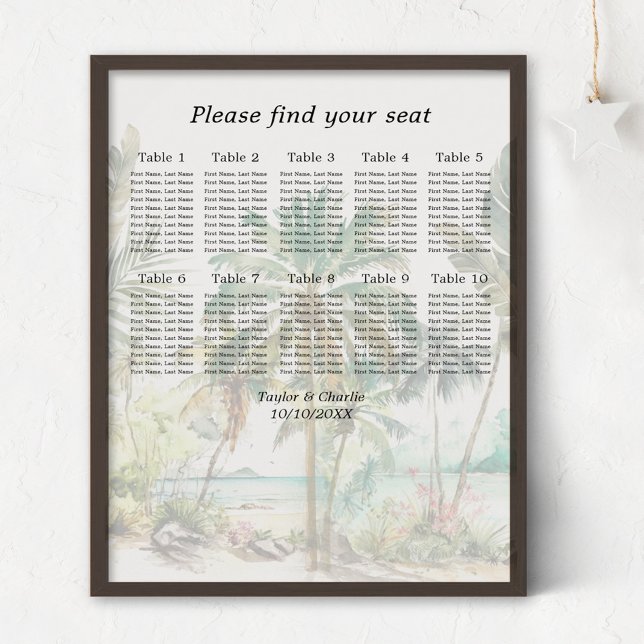 Tropical Beach Wedding 10 Tische Seating Chart Poster (Von Creator hochgeladen)