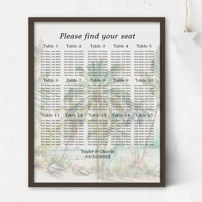 Tropical Beach Wedding 15 Tische Seating Chart Poster (Von Creator hochgeladen)