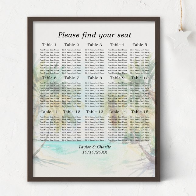 Tropical Beach Wedding 15 Tische Seating Chart Poster (Von Creator hochgeladen)