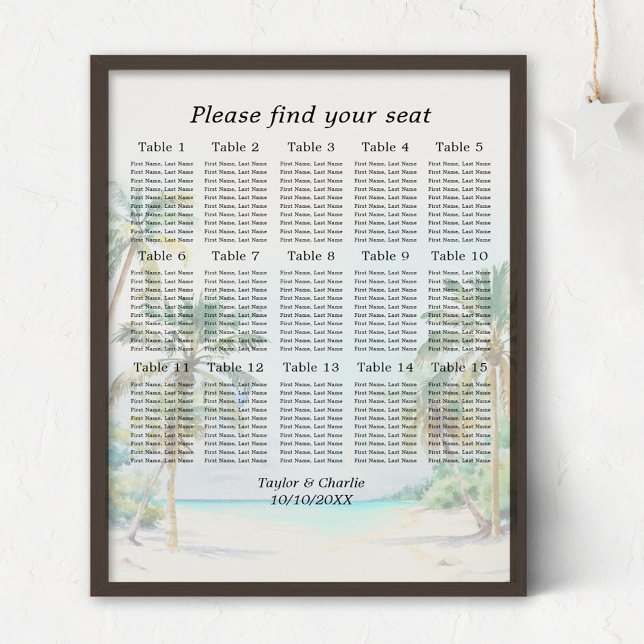 Tropical Beach Wedding 15 Tische Seating Chart Poster (Von Creator hochgeladen)