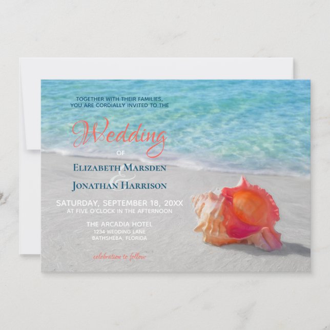 Tropical Beach Wedding Coral Seashell Modern Einladung (Vorderseite)