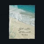 Tropical Beach Wedding Fleecedecke<br><div class="desc">The newlywed bride and groom will love to snuggle up with the natural Tropical Beach Wedding Fleece Blanket. This soft and cozy wedding blanket features a nature photograph of a turquoise aqua blue ocean and a sandy beach with a white palm tree and teal swirls adorning the corner. It makes...</div>