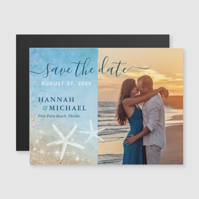 Tropical Beach Wedding Foto Save the Date Magneteinladung (Vorne/Hinten)