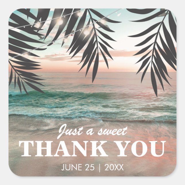 Tropical Beach Wedding Gefallen | Lichtzeichenfolg Quadratischer Aufkleber (Vorderseite)