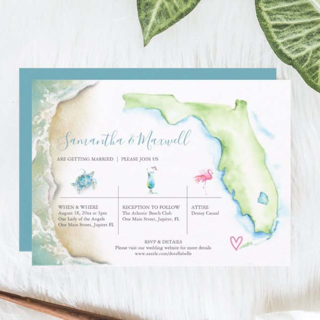 Tropical Beach Wedding Illustrierte Wasserfarbe Einladung (Florida wedding invitations features watercolor coastal art by Victoria Grigaliunas)