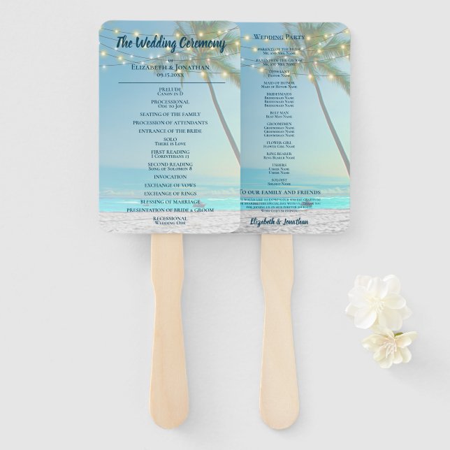 Tropical Beach Wedding Palm Trees Lights Elegant Fächer (Vorne und Hinten)