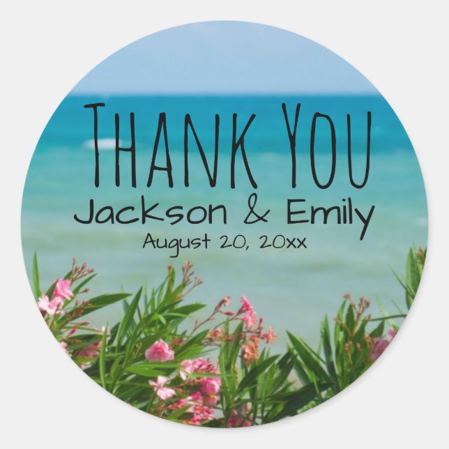Tropical Beach Wedding Personalisiert Vielen Dank Runder Aufkleber (Vorderseite)