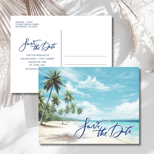 Tropical Beach Wedding Save the Date  Ankündigungspostkarte (Tropical Beach Wedding Save the Date Announcement Postcard)