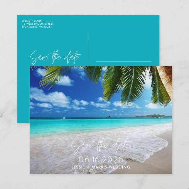 Tropical Beach Wedding Save the Date Ankündigungspostkarte (Vorne/Hinten)