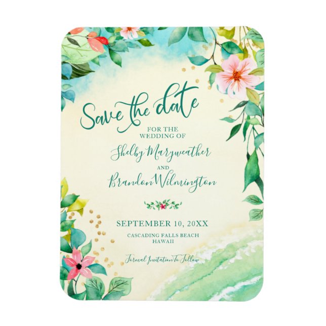 Tropical Beach Wedding SAVE THE DATE Floral Magnet (Vertikal)