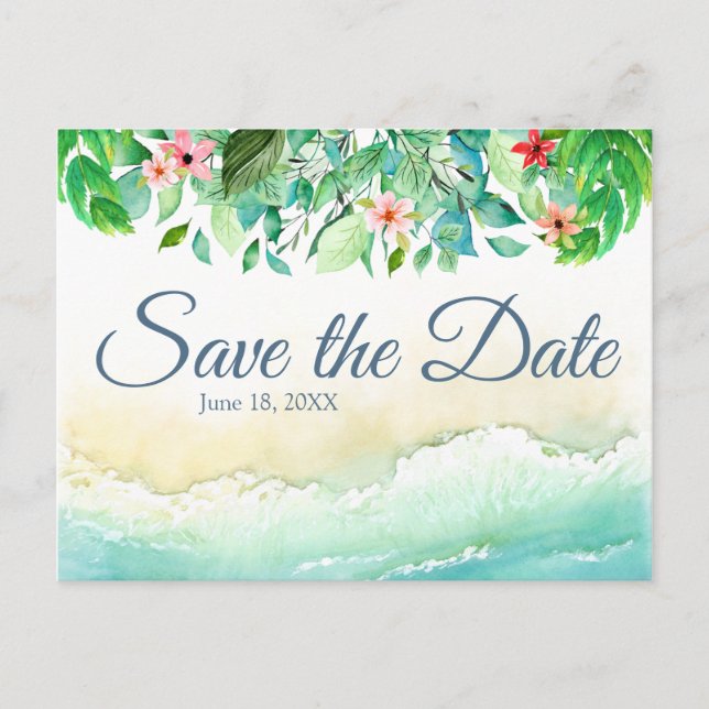 Tropical Beach Wedding Wasserfarbe Save the Date Postkarte (Vorderseite)