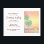 Tropical Beach Weihnachten im Juli Party Einladungspostkarte<br><div class="desc">Festliche Weihnachten im Juli Party Einladung Postkarte mit einem Skript Typografie und tropischen Strand-Design mit Palmen bei Sonnenuntergang. Mit rot anpassbarer Schrift können Sie Ihren eigenen Text hinzufügen. Eine tolle Möglichkeit,  um Ihrem Feiertag eine Touch Sommer hinzuzufügen.</div>