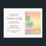Tropical Beach Weihnachten im Juli Party Einladungspostkarte<br><div class="desc">Festliche Weihnachten im Juli Party Einladung Postkarte mit einem Skript Typografie und tropischen Strand-Design mit Palmen bei Sonnenuntergang. Mit rot anpassbarer Schrift können Sie Ihren eigenen Text hinzufügen. Eine tolle Möglichkeit,  um Ihrem Feiertag eine Touch Sommer hinzuzufügen.</div>