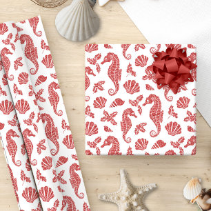 Tropical Beach Weihnachts Roter Glitzer Seepferde Geschenkpapier