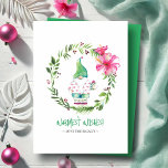 Tropical Beach Weihnachtskarten Aquarell Feiertagskarte<br><div class="desc">Diese niedlichen Weihnachtskarten am Strand sind mit meinem handbemalten Weihnachtself in Aquarellfarbe, das in einem rosa Flamingo-Shirt und einem langen Hut gekleidet ist, umgeben von einem Kranz im Bauernstil aus Grün und roten Beeren auf einem knusprigen weißen Hintergrund. Die Wörter "Warmest Wishs" werden in modernen handgeschriebenen Schriften dargestellt. Ideal für...</div>
